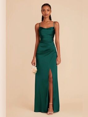 Birdy Grey Emerald Green Satin Bridesmaid Dress with Front Slit